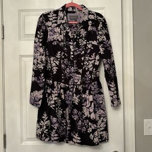 Anthropology short black dress with purple flowers and long sleeves